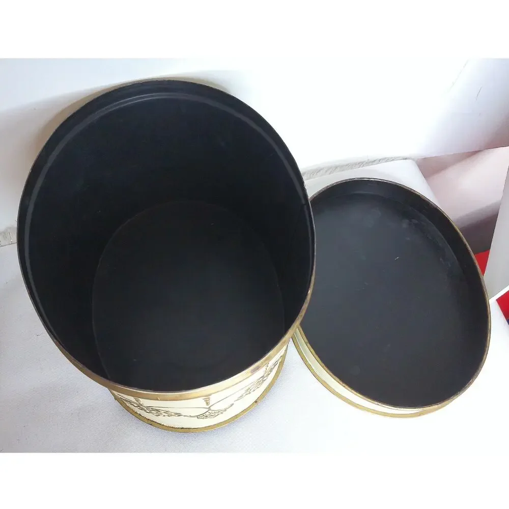 Vtg Ornate Embossed Metal Round Box Gold Cream Floral Footed Hollywood Regency